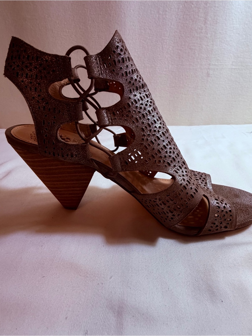 Vince Camuto Brown Laser-Cut Lace-Up Cone Heel Sandal